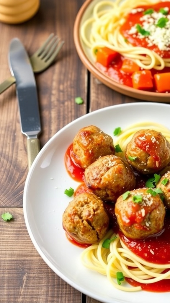 Delicious air fryer meatballs with marinara sauce and spaghetti on a rustic table.